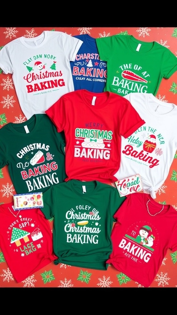 A variety of Christmas baking shirts with festive designs and quotes displayed together.